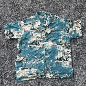 Vintage Utility Hawaiian Shirt Mens Large Blue Surf Beach Palm Trees Rayon 90s